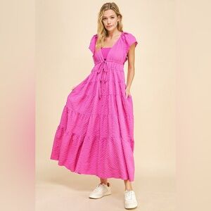 🟠 92B. Deep V-Neck Textured Tiered Maxi Dress - Orchid